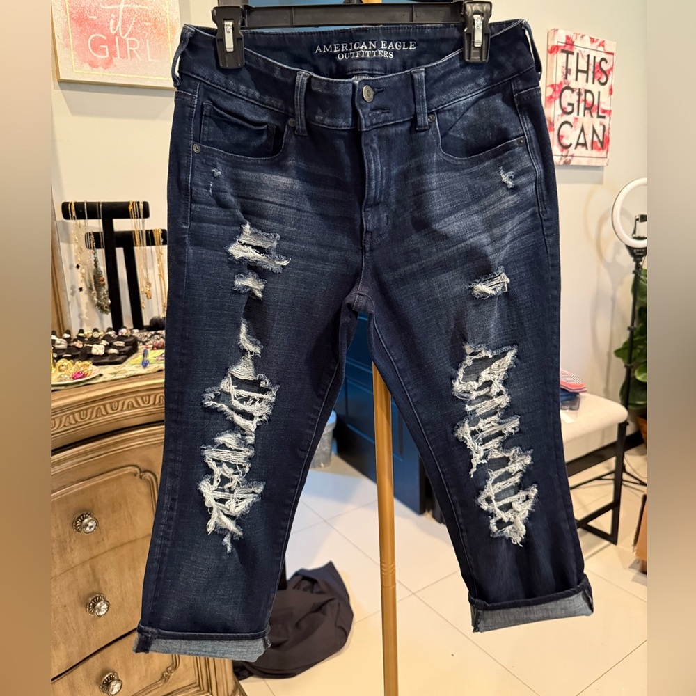 American Eagle Outfitters Blue Artist Crop Jeans with Distressed Details